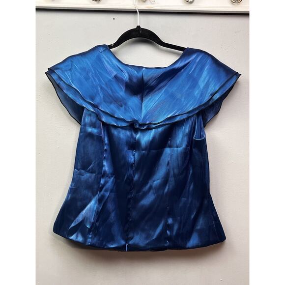 Xscape By Joanna Chen‎ Shirt Womens Medium Fitted V Neck Blue Shiny Button - Picture 2 of 9